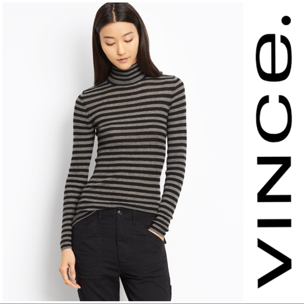 Vince Cashmere Striped Skinny Rib Turtleneck